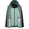 Geöffnete grün-türkise Jacke mit hellgrüner gesteppter Innenweste, schwarzem Kragen, Kapuze sowie sichtbaren Taschen und Reißverschlüssen