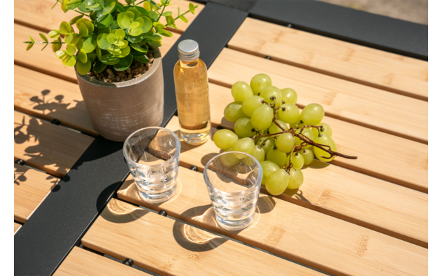 Potplant, klein flesje met gele vloeistof, een tros groene druiven en twee doorzichtige glazen op een tafel van houten latten
