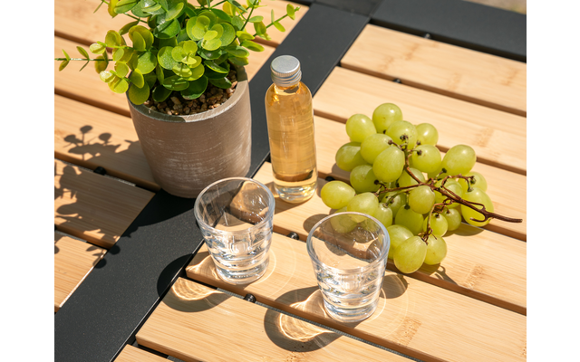 Topfpflanze, kleine Flasche mit gelber Flüssigkeit, eine Traubenrispe und zwei durchsichtige Gläser auf einem Tisch aus Holzlatten