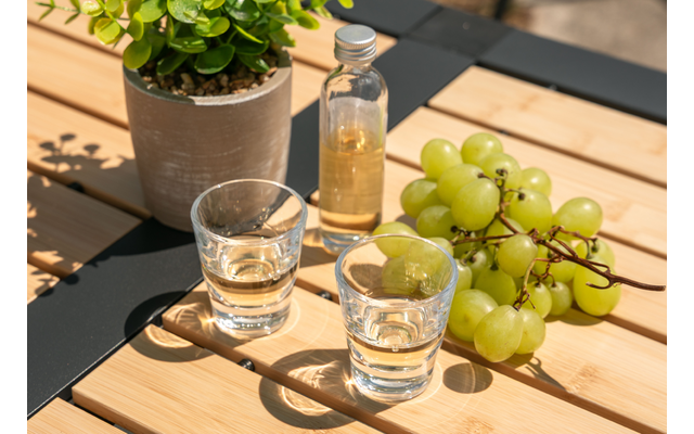 Two small glasses with clear liquid, a small bottle with pale yellow liquid, a bunch of green grapes and a potted plant with green leaves on a light wooden slatted table with a black metal frame, sunlight and shadows