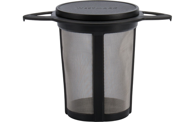 Panier cylindrique en métal à mailles fines avec bord en plastique noir, couvercle rond et deux poignées latérales