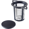 Conteneur cylindrique en maille métallique avec cadre en plastique noir et deux poignées latérales, à côté un couvercle rond en plastique noir