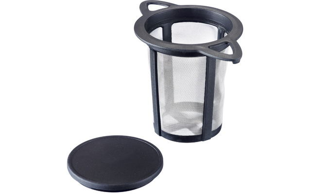 Conteneur cylindrique en maille métallique avec cadre en plastique noir et deux poignées latérales, à côté un couvercle rond en plastique noir