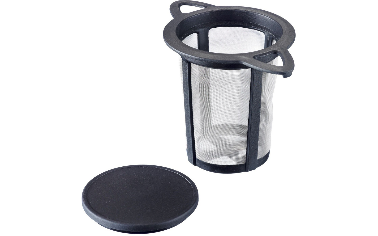 Conteneur cylindrique en maille métallique avec cadre en plastique noir et deux poignées latérales, à côté un couvercle rond en plastique noir