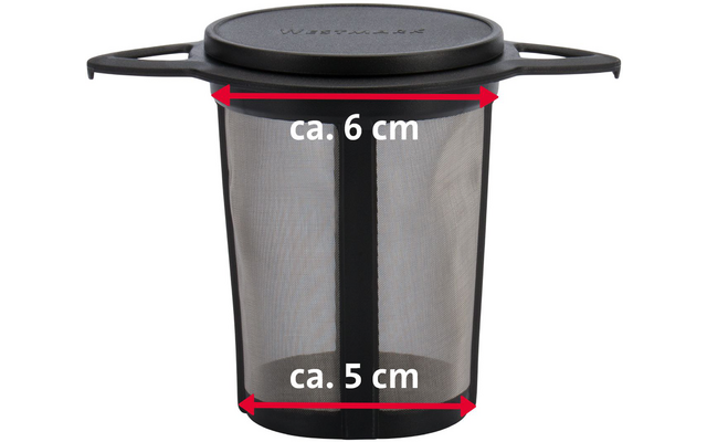 Passoire en maille métallique avec bord en plastique noir, couvercle plat et deux poignées latérales ; flèches rouges et mentions 'ca. 6 cm' et 'ca. 5 cm'