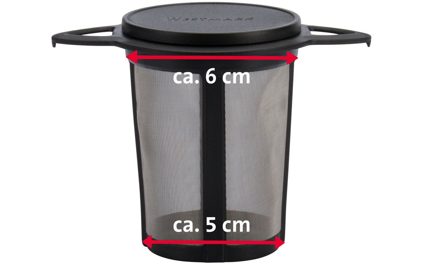 Passoire en maille métallique avec bord en plastique noir, couvercle plat et deux poignées latérales ; flèches rouges et mentions 'ca. 6 cm' et 'ca. 5 cm'