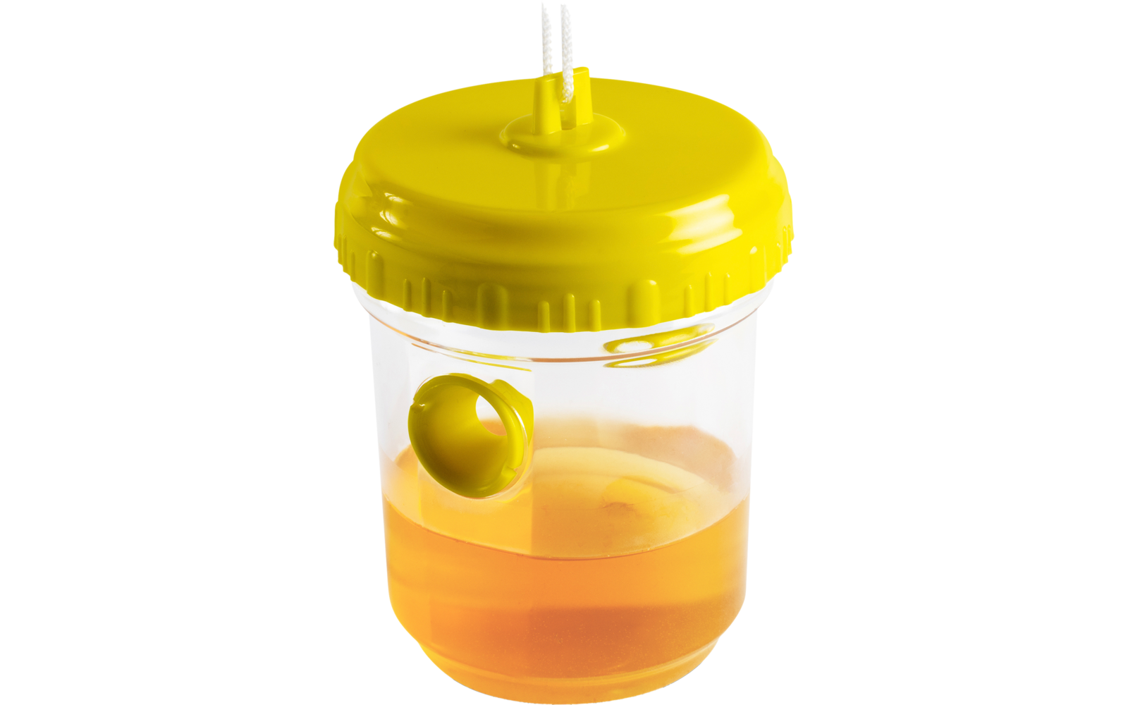 Durchsichtiger Becher mit gelbem Deckel und Strohhalm, gefüllt mit orangefarbener Flüssigkeit und einer kleinen grünen Olive