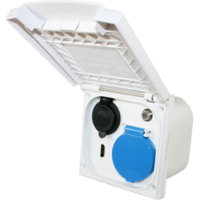 Toma exterior multifuncional con tapa abatible 12 V / 230 V con HDMI y sat&eacute;lite blanca ESB Haba