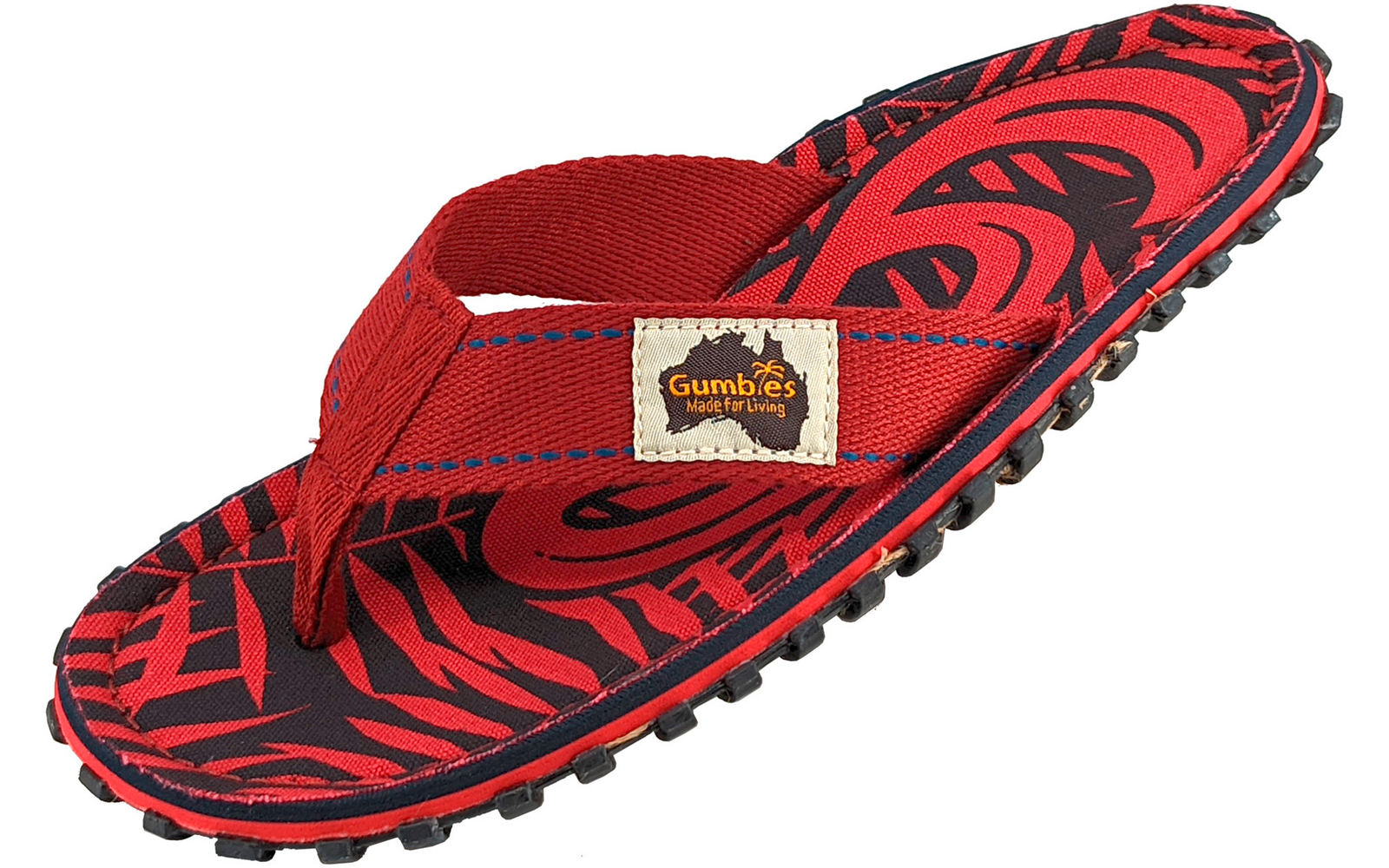 Roter Zehentrenner mit schwarzem Muster auf der Innensohle, rotem Stoffriemen, braunem Markenetikett am Riemen und schwarzer Profilsohle