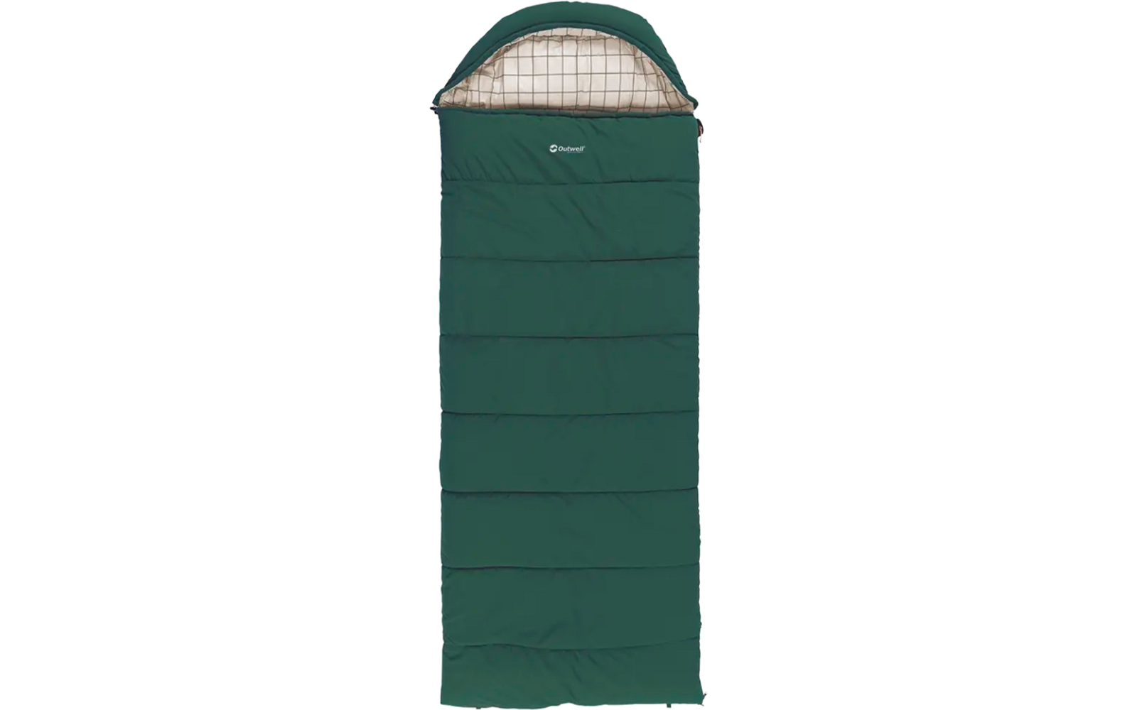 Grüner rechteckiger Schlafsack mit Kapuze und kariertem Innenfutter