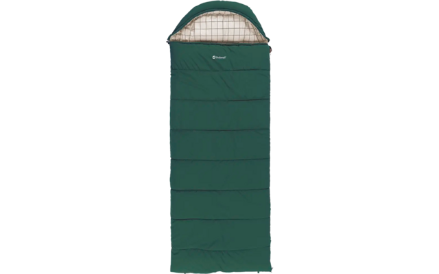 Grüner rechteckiger Schlafsack mit Kapuze und kariertem Innenfutter