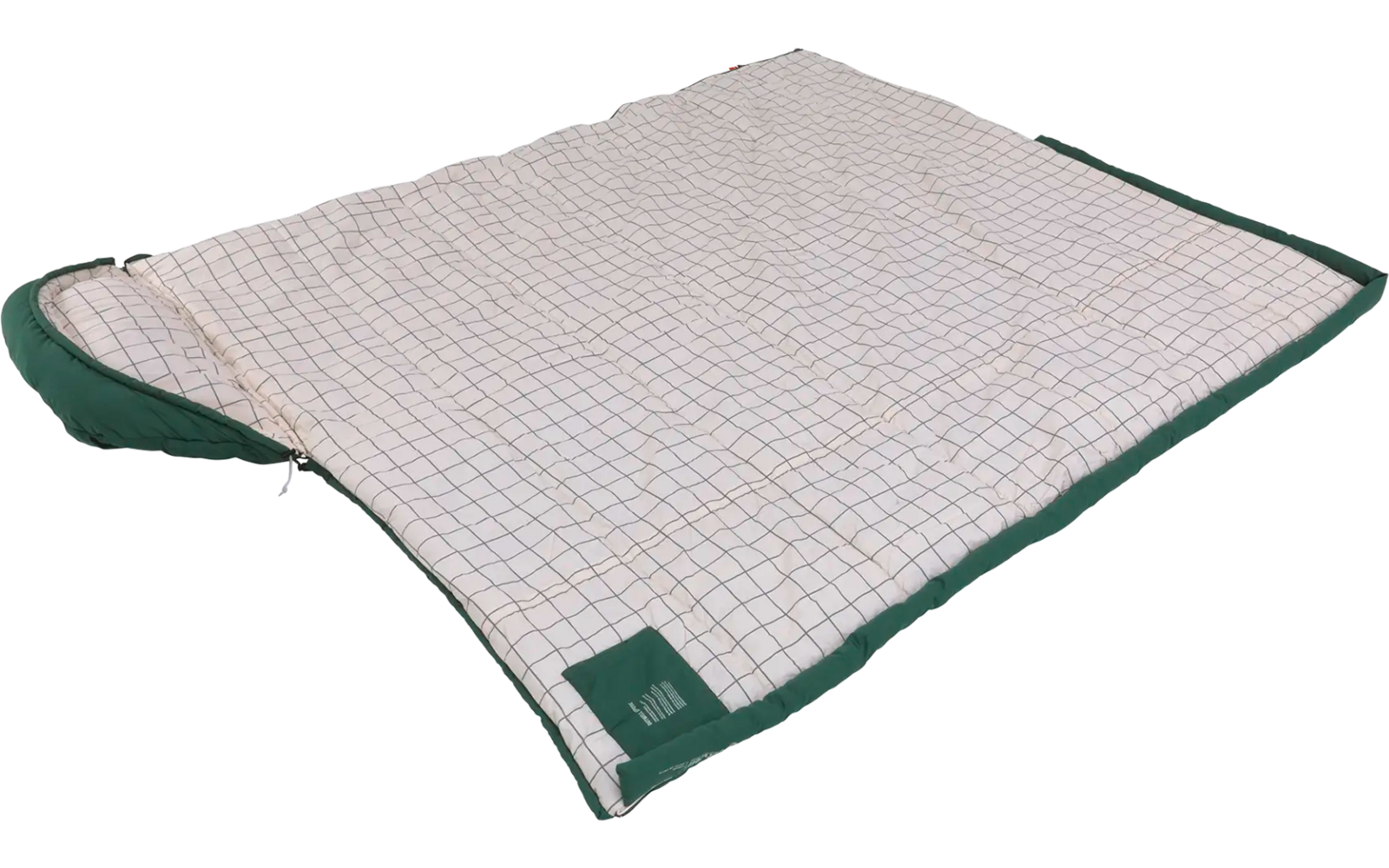 Eine ausgelegte, beidseitig mit grünem Rand versehene Decke mit weißem Karomuster