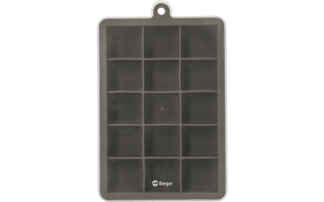Dunkles rechteckiges Tablett mit 15 quadratischen Vertiefungen in fünf Reihen zu drei, rundes Aufhängeloch oben und Schriftzug 'Berger' unten