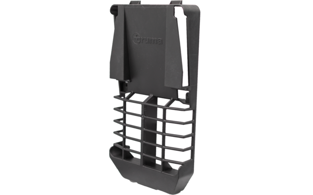 Schwarzes rechteckiges Gegenstück mit vertikalem Gitter unten, oberem Clip-/Haken und geprägter Aufschrift "Truma" auf der Vorderseite