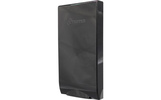 Schwarzes, hochformatiges rechteckiges Gerät mit abgerundeten Kanten und aufgeprägtem Logo auf der Vorderseite