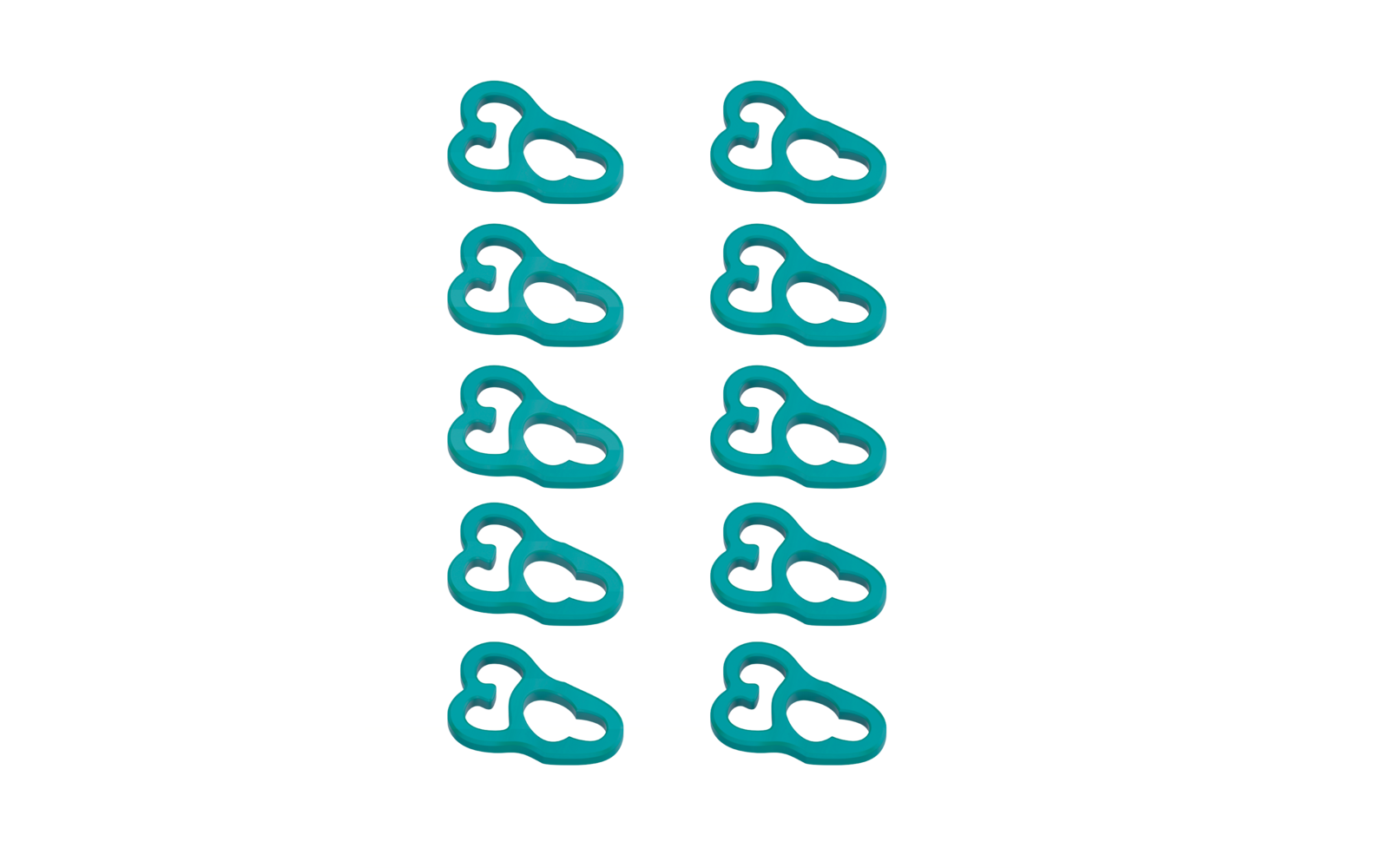 Zehn türkisfarbene, unregelmäßig gerundete Formen mit mittleren Aussparungen, angeordnet in zwei Spalten auf weißem Hintergrund; links fünf schwarze quadratische Blöcke in vertikaler Reihe