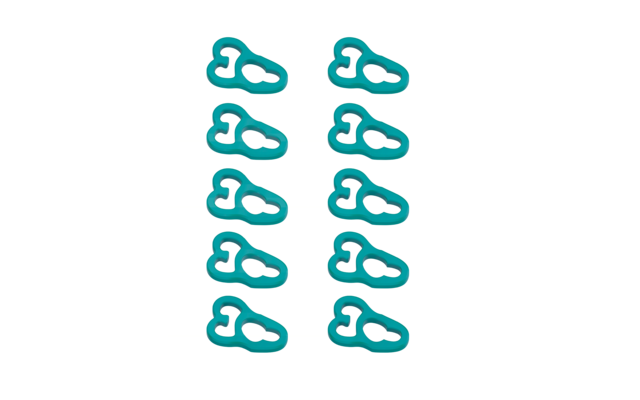 Zehn türkisfarbene, unregelmäßig gerundete Formen mit mittleren Aussparungen, angeordnet in zwei Spalten auf weißem Hintergrund; links fünf schwarze quadratische Blöcke in vertikaler Reihe