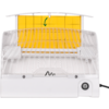 Weißer Toaster mit aufgeklapptem Deckel und sichtbarem gelben Stück Brot