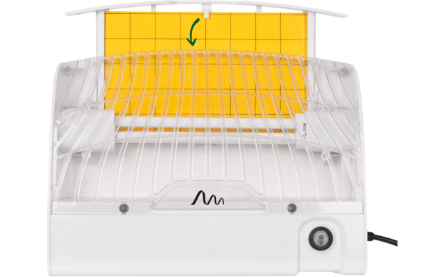 Weißer Toaster mit aufgeklapptem Deckel und sichtbarem gelben Stück Brot