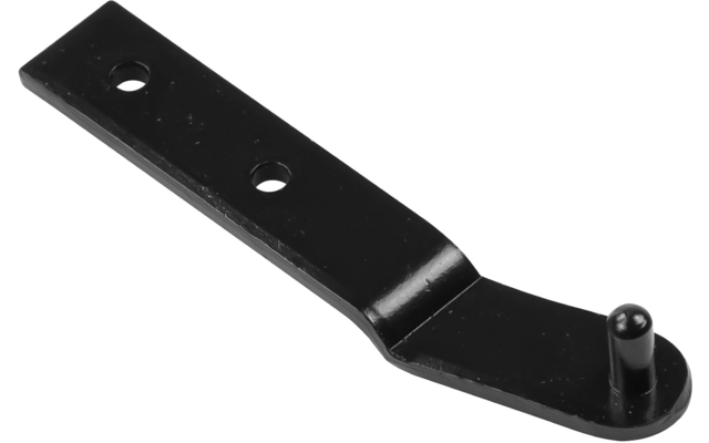 Schwarze Metallhalterung mit zwei runden Schraublöchern und abgewinkeltem Ende mit kleinem runden Zapfen