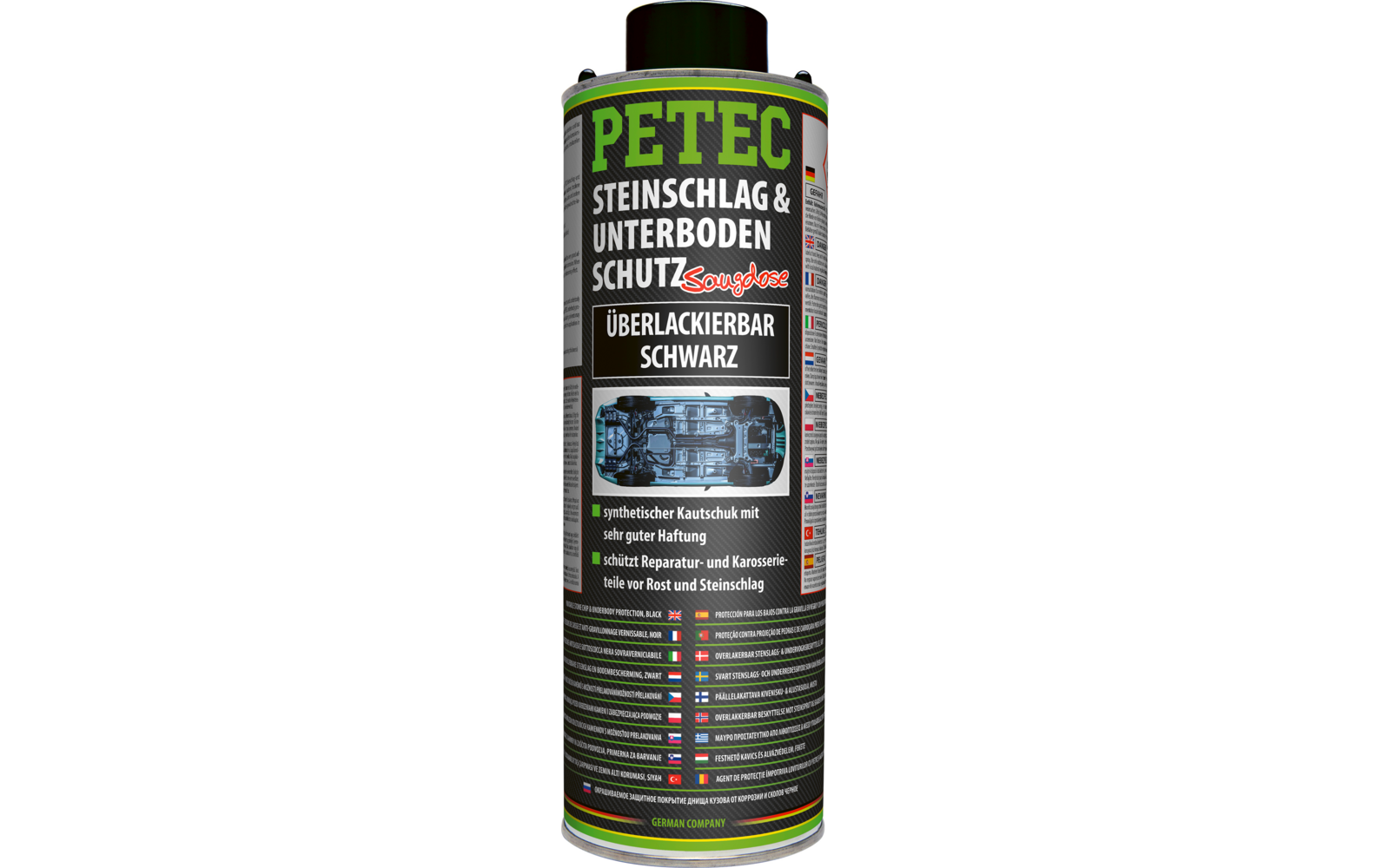Metallsprühdose mit schwarzem Deckel, grünem Schriftzug "PETEC" auf dem Etikett, sichtbarem Text "Steinschlag & Unterbodenschutz" und "Überlackierbar Schwarz" sowie weiteren kleinen Beschriftungen