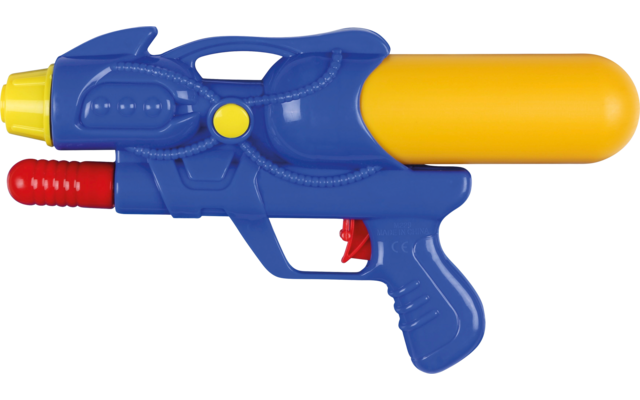 Kleurrijke waterpistool met blauwe handgreep en oranje tank