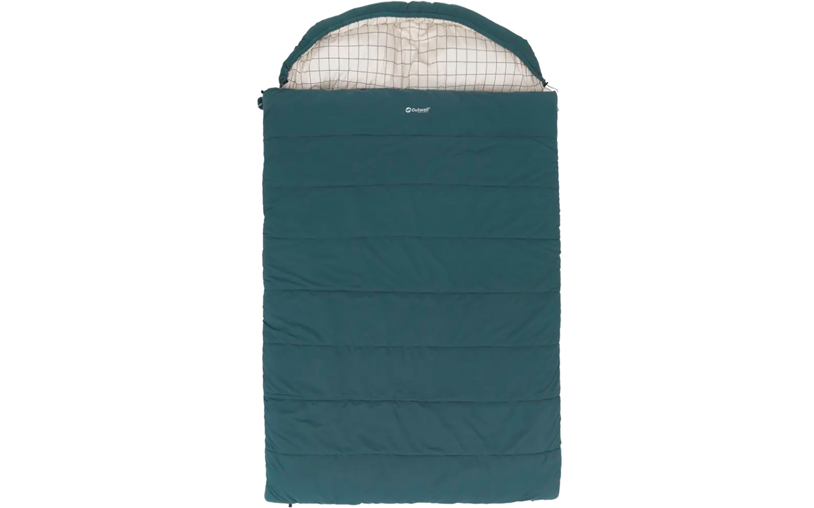 Grüner, rechteckiger Schlafsack mit weißem Innenfutter und gestepptem Muster