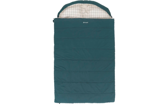 Grüner, rechteckiger Schlafsack mit weißem Innenfutter und gestepptem Muster