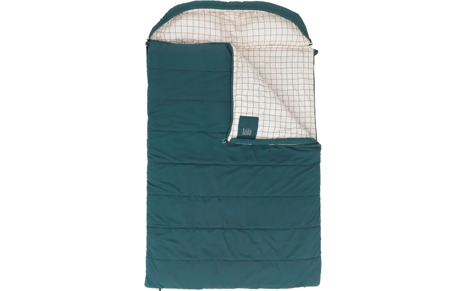 Grüner Schlafsack mit Reißverschluss, teilweise geöffnet, mit weißem Innenfutter und Karomuster