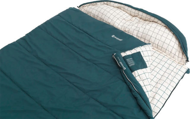 Dunkelgrüner Schlafsack mit weiß kariertem Innenfutter auf weißem Hintergrund