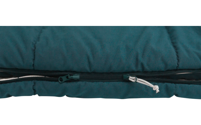 Blaugrüner Schlafsack mit schwarzem Reißverschluss und weißem Zugband