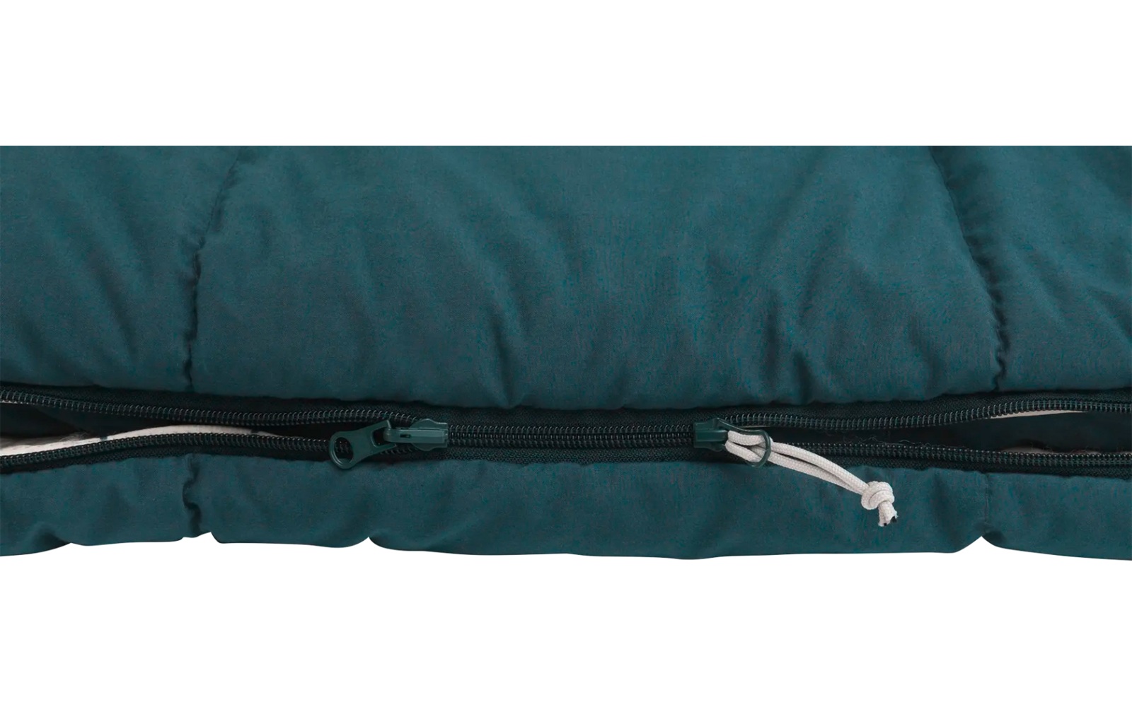 Blaugrüner Schlafsack mit schwarzem Reißverschluss und weißem Zugband