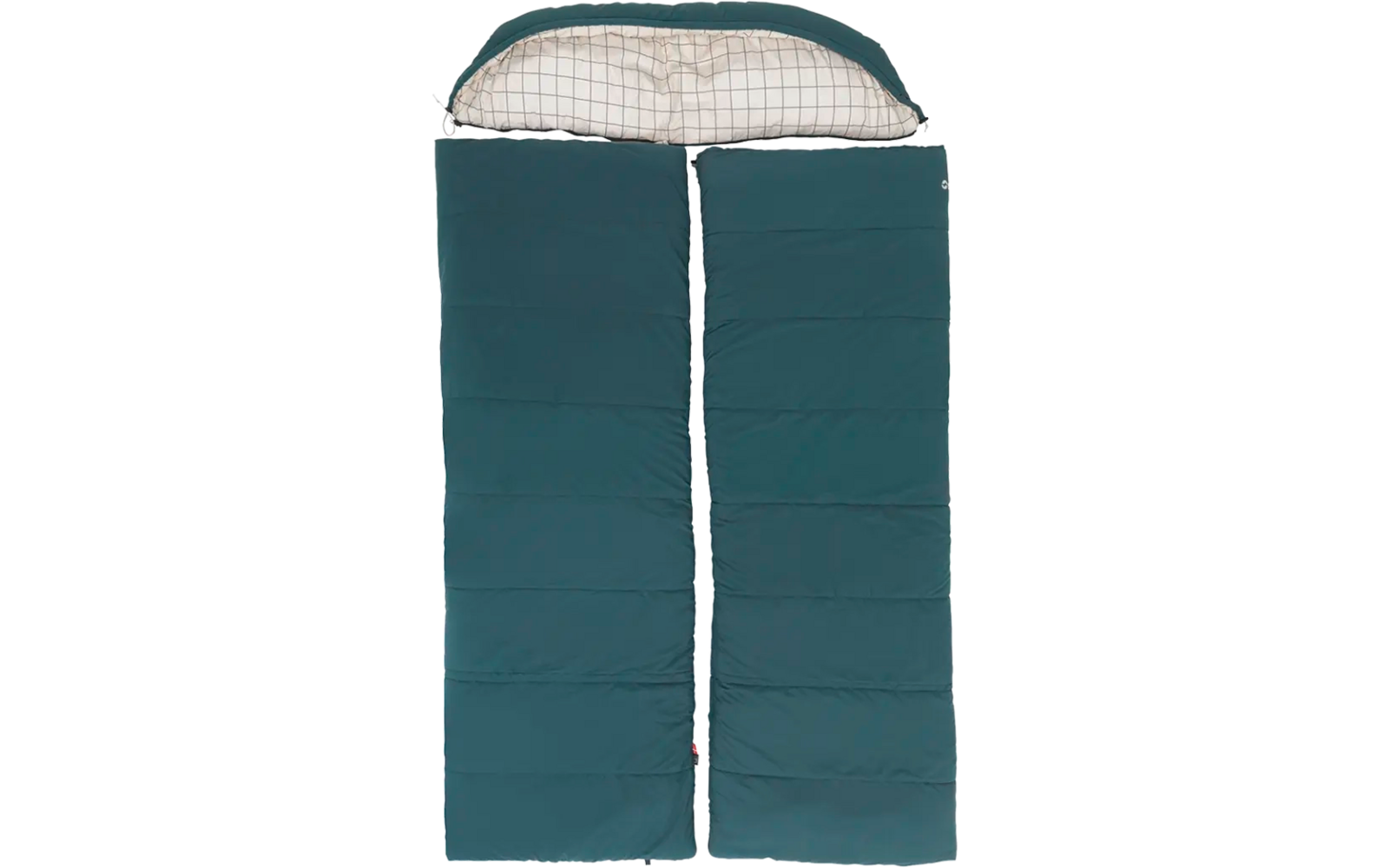 Zwei zusammengelegte grüne Schlafsäcke mit kariertem Kissen oben