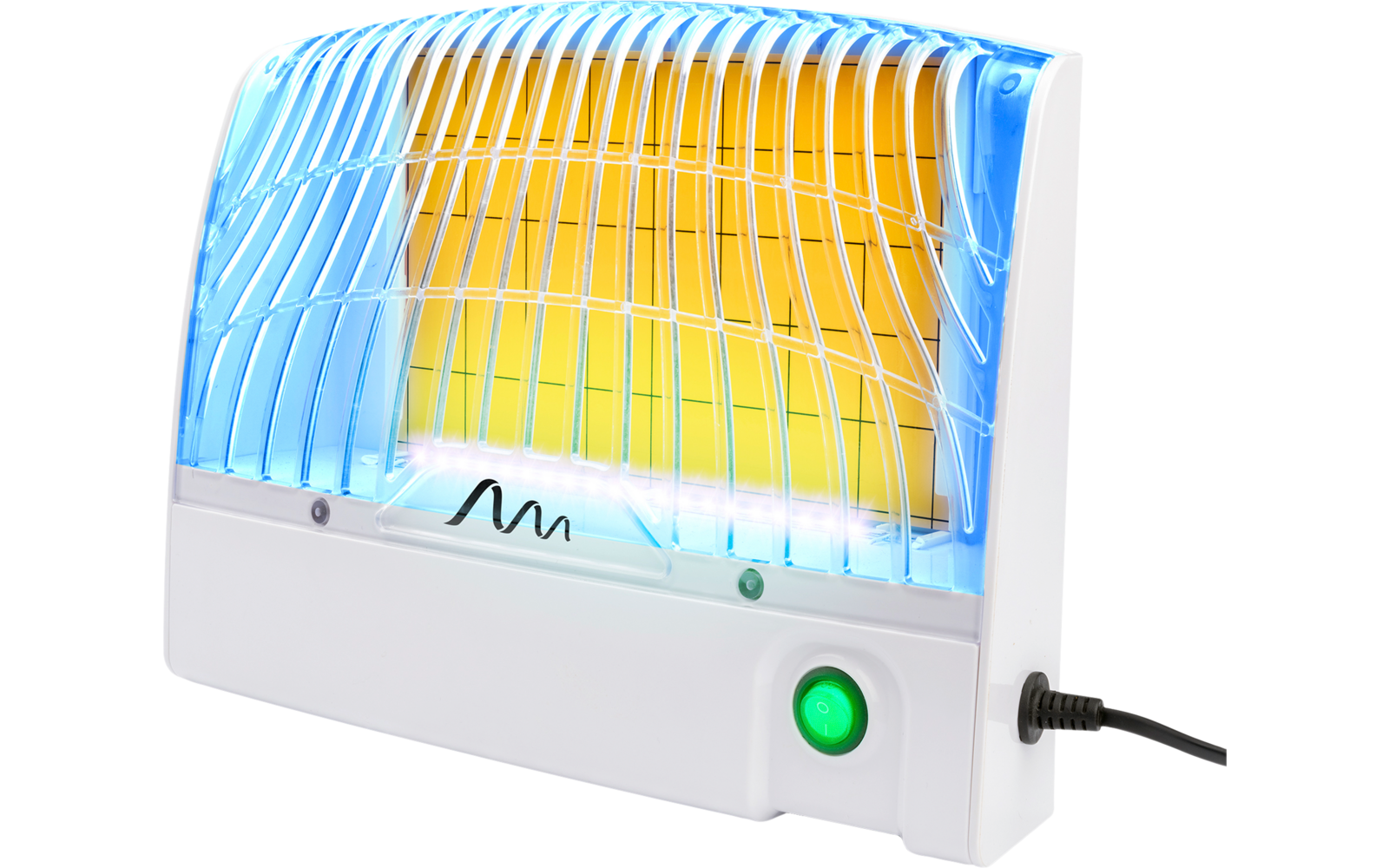 Elektrisches Gerät mit weißen und blauen Gittern, gelbem Innenraum und grünem Schalter