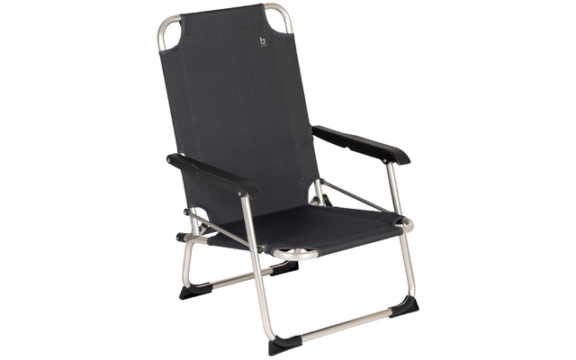 Opvouwbare campingstoel met zwarte stof en metalen frame