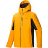 Gelbe Jacke mit Kapuze, schwarzen Seiten- und Unterarmpanels, durchgehendem Frontreißverschluss, senkrechter Brusttasche mit Reißverschluss und kleinem Logo auf der Brust