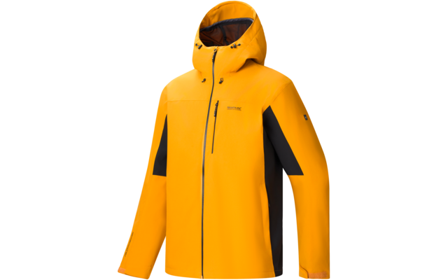 Gelbe Jacke mit Kapuze, schwarzen Seiten- und Unterarmpanels, durchgehendem Frontreißverschluss, senkrechter Brusttasche mit Reißverschluss und kleinem Logo auf der Brust