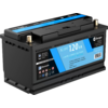 Schwarze rechteckige Lithium-Batterie mit blauem Etikett 12,8 V 120 Ah, zwei Metallpole oben, Tragegriff und Produktaufkleber
