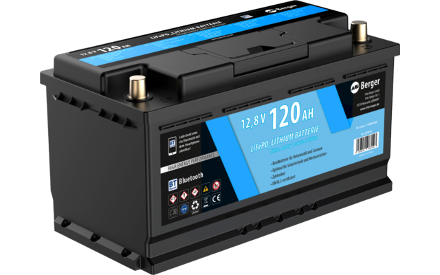 Schwarze rechteckige Lithium-Batterie mit blauem Etikett 12,8 V 120 Ah, zwei Metallpole oben, Tragegriff und Produktaufkleber