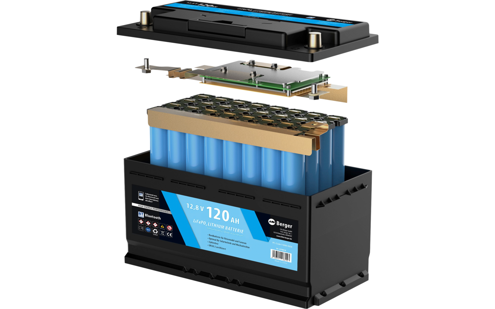 Explosionsdarstellung eines schwarzen rechteckigen Batteriegehäuses mit sichtbaren blauen Zellen, einer Platine darüber und abgenommenem Deckel; Vorderseite mit blauem Etikett '12.8 V 120 Ah'