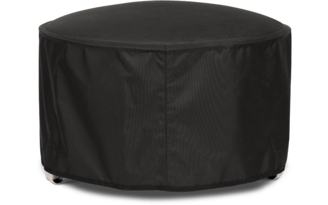 Runder schwarzer Stoffbezug mit sichtbaren Nähten und zwei Metallfüßen an der Unterkante