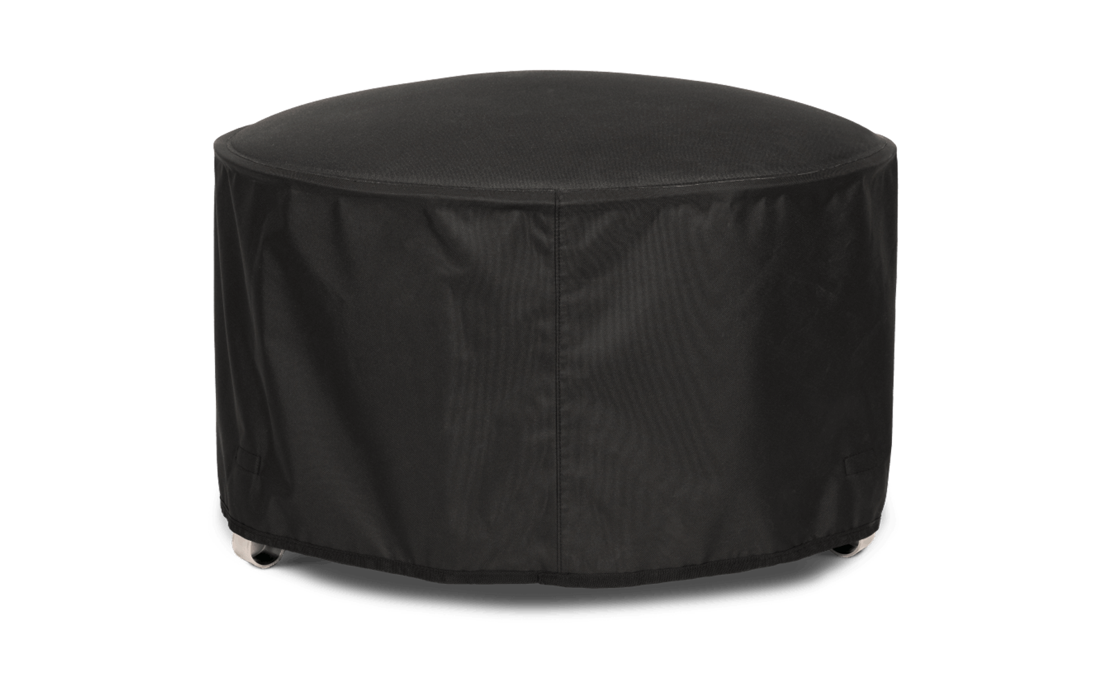 Runder schwarzer Stoffbezug mit sichtbaren Nähten und zwei Metallfüßen an der Unterkante