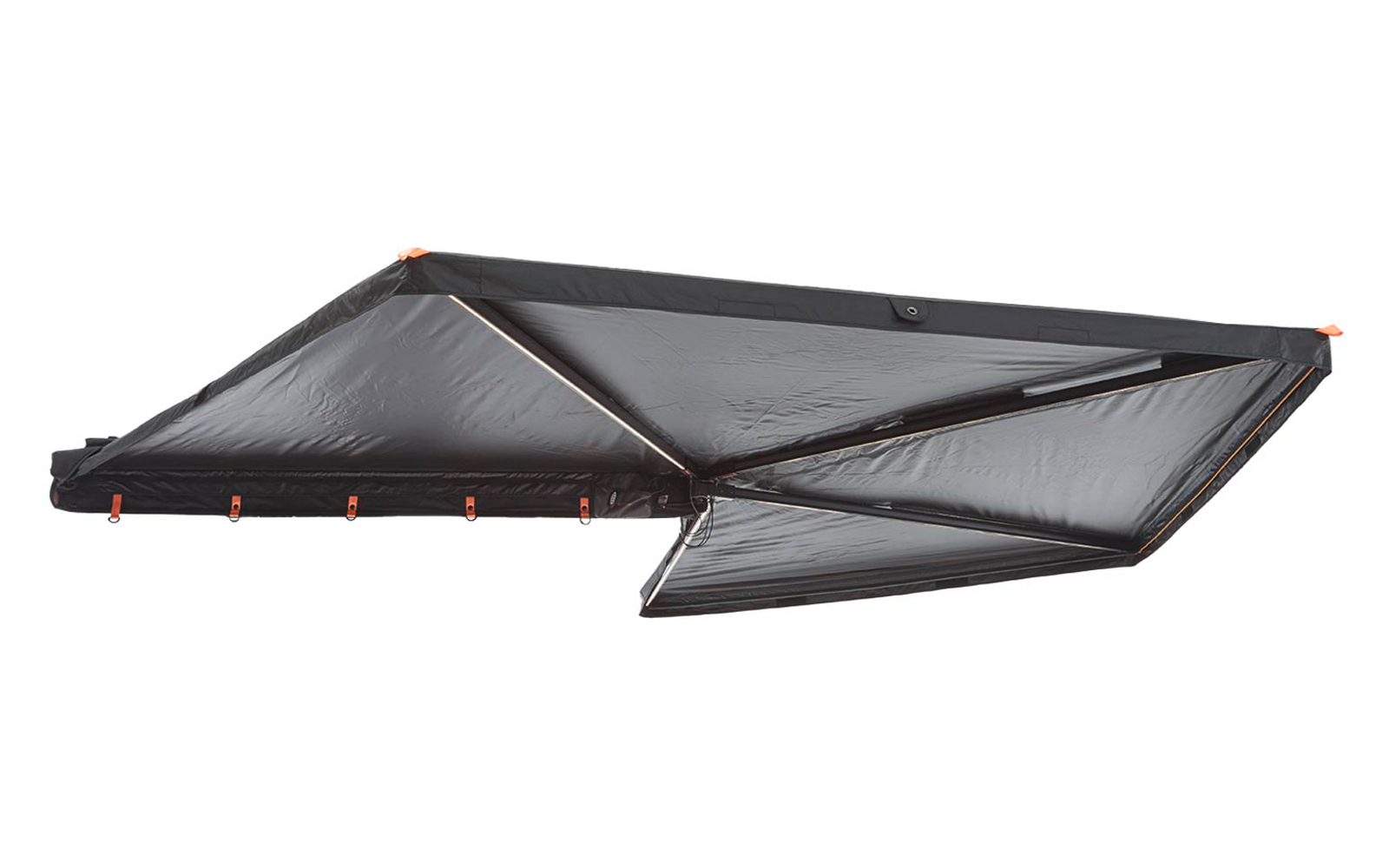 Ausgefahrenes dunkelgraues Stofftuch mit sichtbaren Metallarmen und orangefarbenen Endkappen