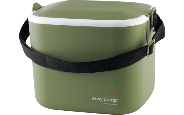 Conteneur rectangulaire vert avec couvercle, liseré blanc sur le bord du couvercle, sangle d'épaule noire, verrou latéral noir et logo "easy camp" blanc et orange sur le devant