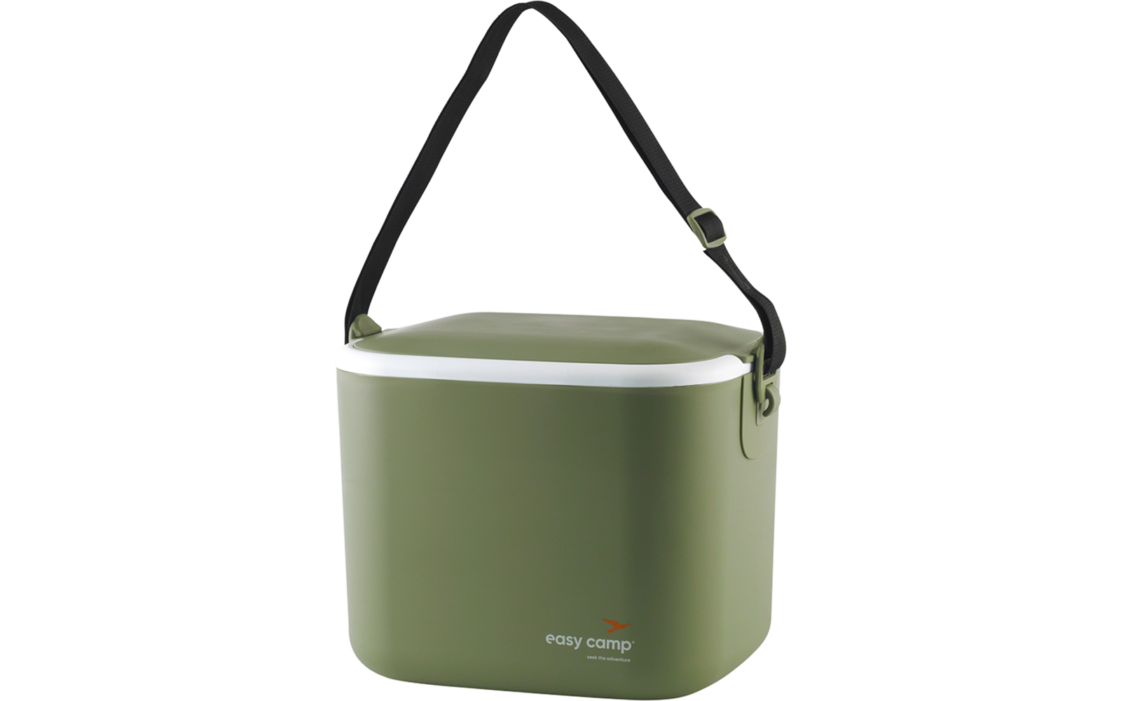 Boîte rectangulaire olive avec couvercle blanc, sangle d'épaule noire réglable et logo "easy camp" sur le devant