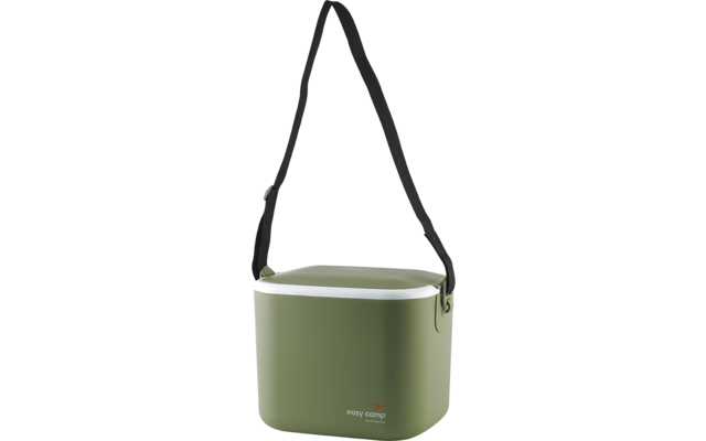 Contenant rectangulaire vert aux coins arrondis, couvercle blanc, bandoulière noire et petit logo 'easy camp' à l'avant