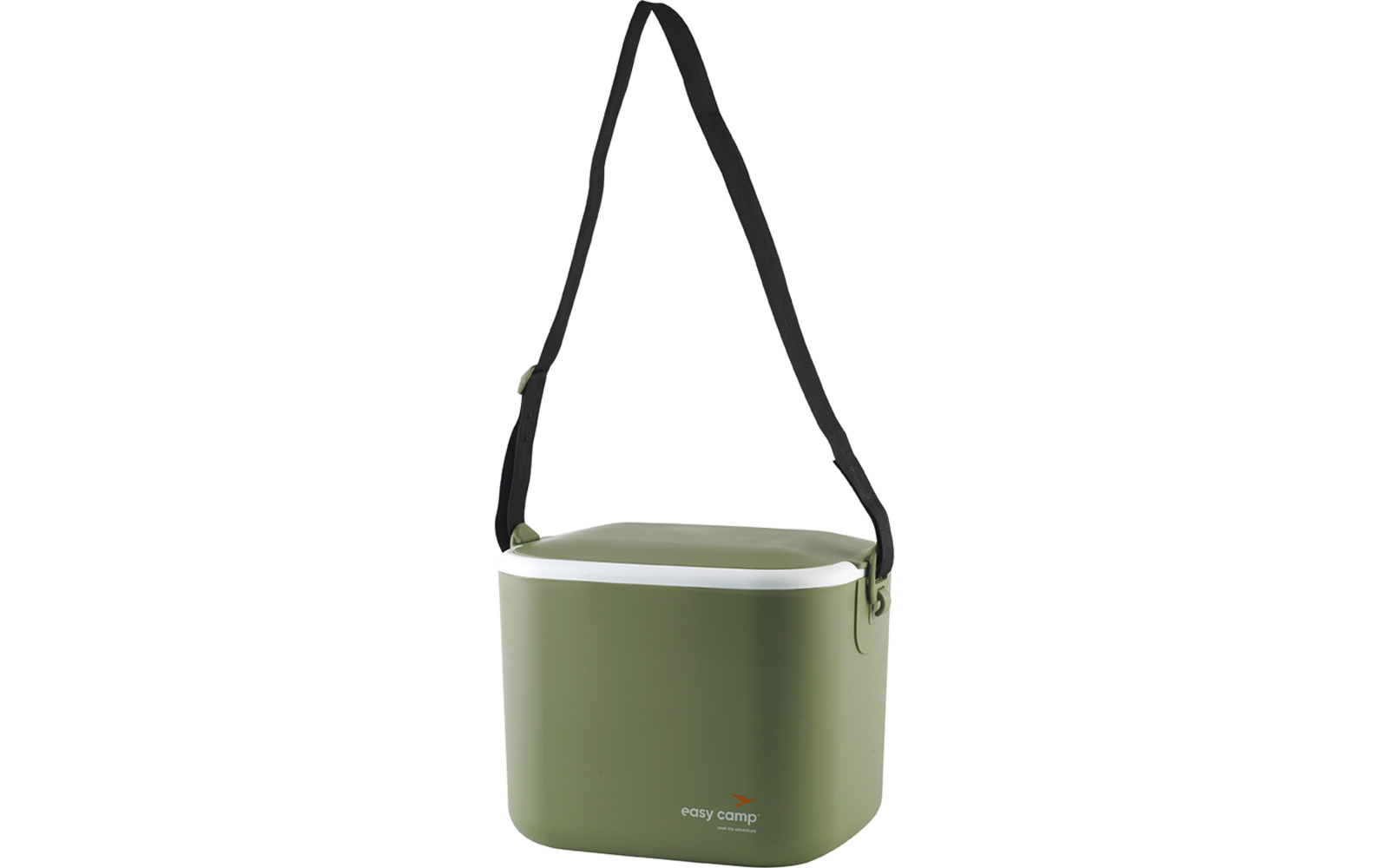 Contenant rectangulaire vert aux coins arrondis, couvercle blanc, bandoulière noire et petit logo 'easy camp' à l'avant