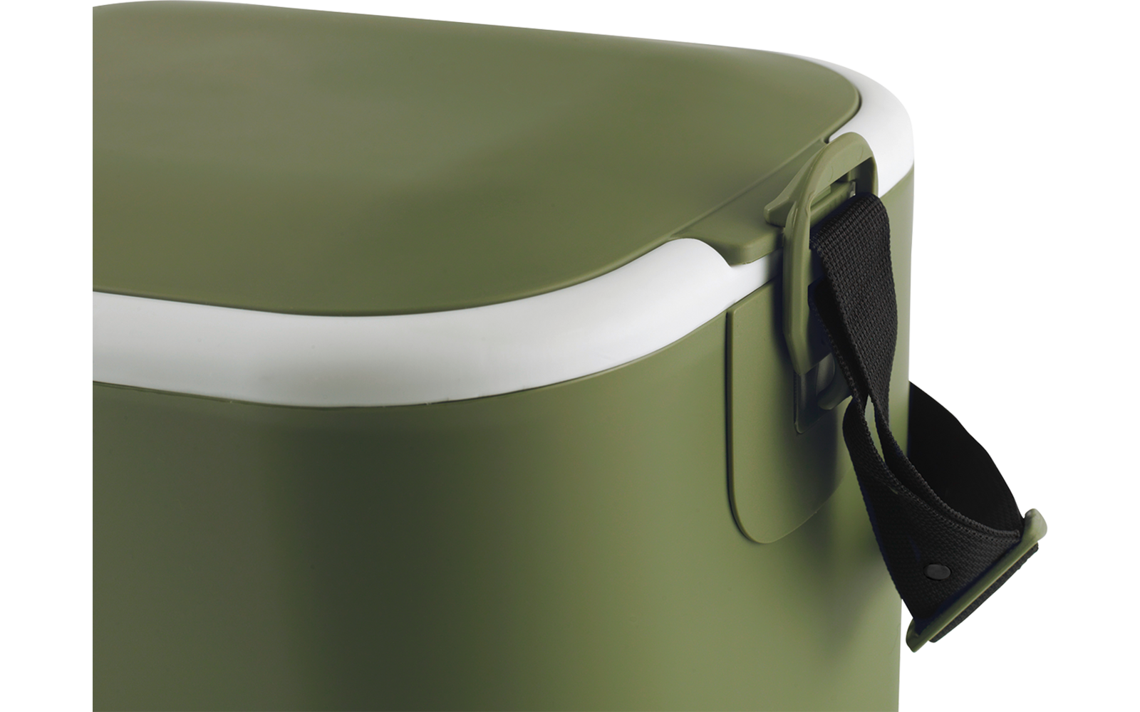 Gros plan d'une glacière verte avec un bord blanc et une sangle noire