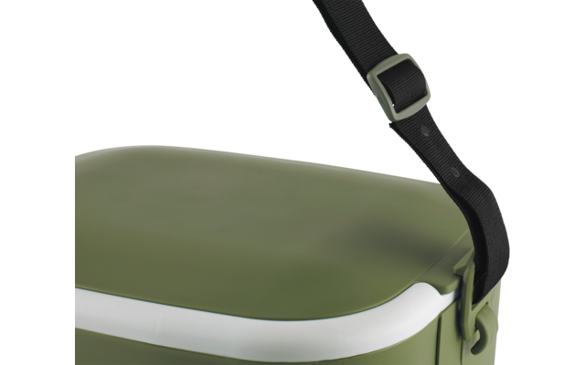 Gros plan d'une boîte en plastique verte avec un bord blanc et une sangle noire avec boucle