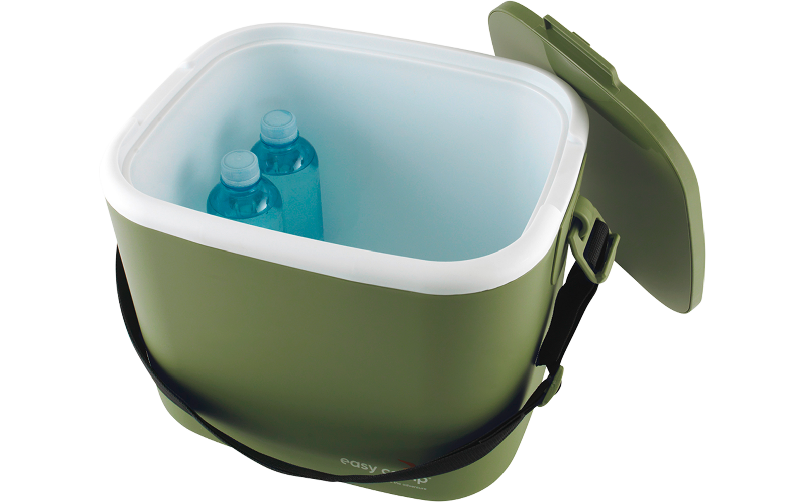 Boîte isotherme verte avec couvercle ouvert, intérieur blanc, deux bouteilles en plastique bleues et sangle noire